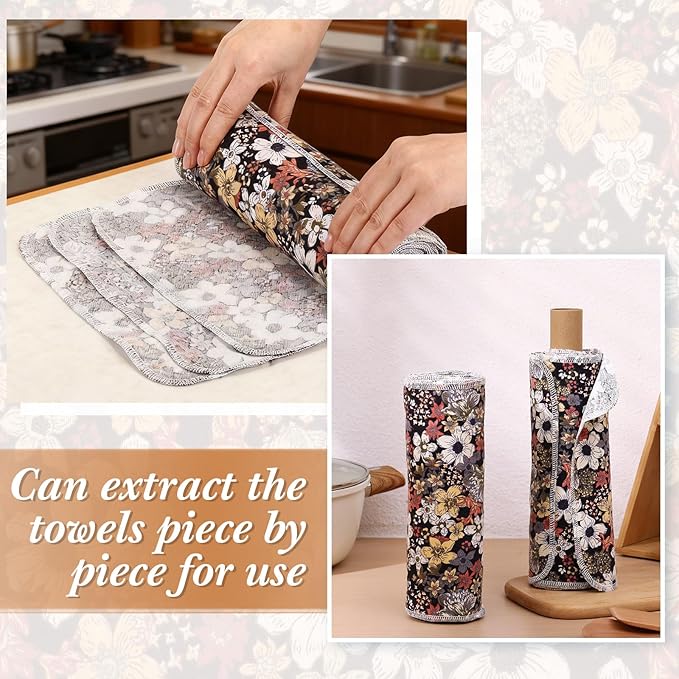 Redbaker 50 Pcs Reusable Paper Towels Paperless Reusable Cotton Cloths Toilet Absorbent Washable Paper Towels with Roll Kitchen Dishcloth for Kitchen Paperless Dishcloths (Flowers)