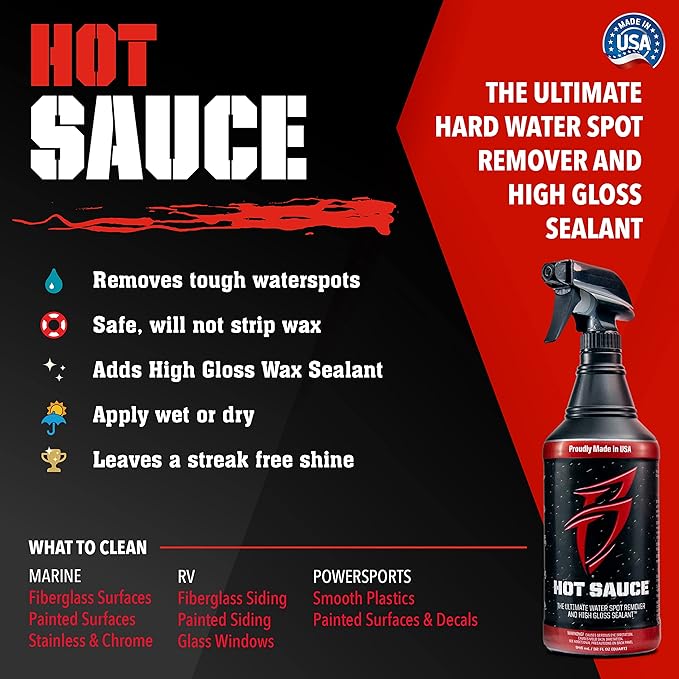 Bling Sauce Boat Essentials Cleaning & Detailing Kit, 4-Pack, 20 oz Each | Four marine care sprays tackle hard water spots, vinyl, interiors and fast wax shine in one compact detailing bundle