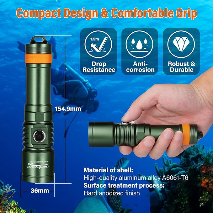 ORCATORCH D710 Scuba Diving Light, 3000 Lumens Super Bright Underwater Flashlight with 6 Degrees Narrow Beam, IP68 Waterproof Night Dive Torch 150 Meters Submersible Light (Green)