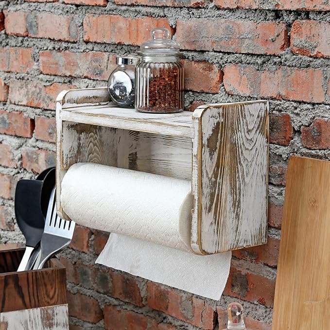 MyGift Farmhouse Paper Towel Holder, Shabby Whitewashed Wood Farmhouse Wall Mounted Kitchen Napkin Dispenser Rack with Top Storage Shelf Spice Racks
