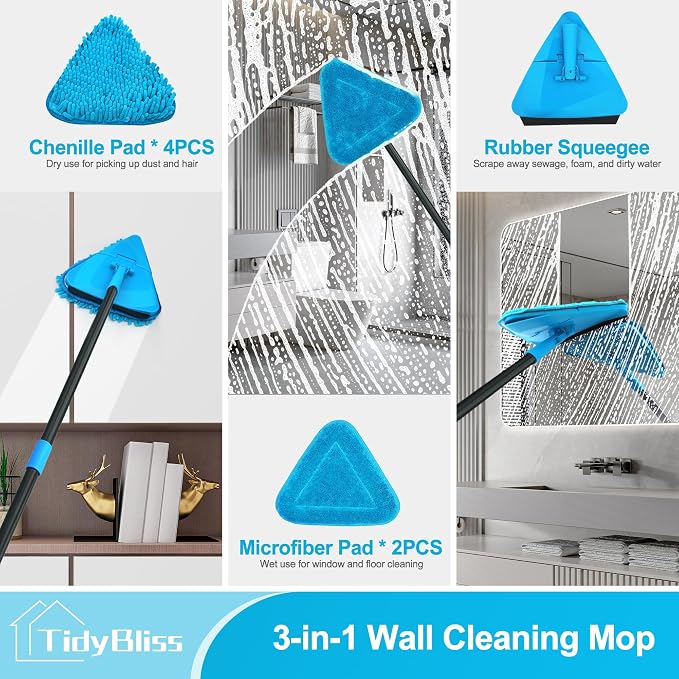 TidyBliss Wall Mop Cleaner with Long Handle 80”, Ceiling Duster Scrubber with 360° Swivel Collapsible Head, Baseboard Cleaning Tool with 4 Chenille and 2 Microfiber Pads for Windows Floor (Blue)