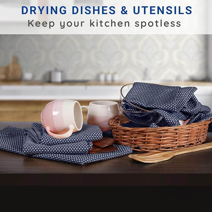 TWINY threads 4 Pack Kitchen Towels, 100% Cotton, 18x28 Inches, Highly Absorbent & Soft, Quick-Dry Dish Towel Set with Hanging Loop, Washcloth for Cleaning, Washable for Everyday Use - Navy Blue