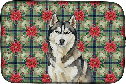 Caroline's Treasures Agouti Siberian Husky Christmas PoinsettIas Dish Drying Mat Absorbent Dish Drying Mat Pad for Kitchen Counter Dish Drainer Mat for Countertop, 14 x 21", Multicolor