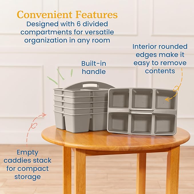 ECR4Kids 6-Compartment Large Plastic Caddy, Multipurpose Organization, Grey, 6-Pack