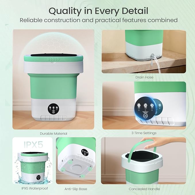 Portable Washing Machine 20L - Mini Washer with Spin Basket, 3 Cleaning Modes & Deep Wash for Small Clothes, Foldable Laundry for Apartment, Home, RV and Travel (Green)