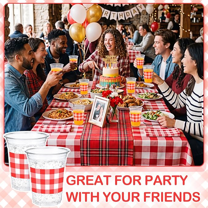100 Pcs Red Gingham Plastic Cups 12 oz Red Checkered Plaid Disposable Plastic Drinking Cups Bulk for Baby Shower Wedding Birthday Christmas Party Decoration Supplies