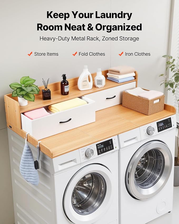 VEVOR 2 Drawers Washer Dryer Countertop with Shelf, 54" x 27" Wooden Laundry Countertop with 2 Hooks & Splicing Panels, Washer and Dryer Topper, Laundry Room Organization and Storage, Natural