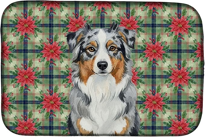 Caroline's Treasures Blue Merle Australian Shepherd Christmas PoinsettIas Dish Drying Mat Absorbent Dish Drying Mat Pad for Kitchen Counter Dish Drainer Mat for Countertop, 14 x 21", Multicolor