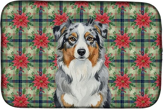 Caroline's Treasures Blue Merle Australian Shepherd Christmas PoinsettIas Dish Drying Mat Absorbent Dish Drying Mat Pad for Kitchen Counter Dish Drainer Mat for Countertop, 14 x 21", Multicolor