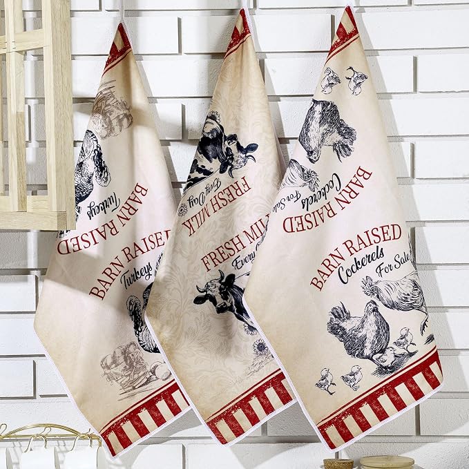 Bencailor 6 Pcs Farmhouse Kitchen Towels Chicken Rooster Kitchen Decor Farm Animal Hand Towels for Cooking Baking Housewarming Gift,15.75 x 23.62 inch(Red Black,Farmhouse)
