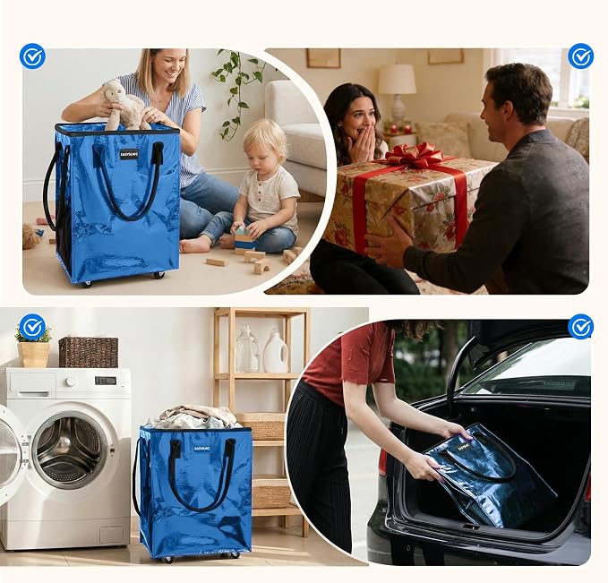 Reusable Hauler Rolling Tote Bag, Collapsible Portable Shopping Bag with Wheels for Groceries, Apartments Laundry, Organization,Heavy Duty Utility Tote Bag for Travel Moving, 75lbs, Blue