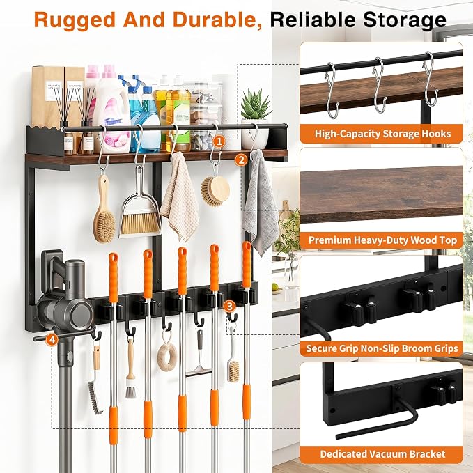 Broom Holder Wall Mount, Heavy Duty Broom and Mop Organizer Wall Hanging with Vacuum Stand, 5 Grippers & 10 Hooks, Utility Racks with Wood Shelf & Guard, Laundry Organization & Storage (L)