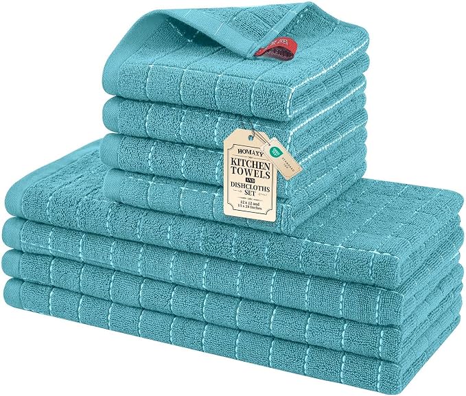 Homaxy Kitchen Towels and Dishcloths Set, 12 x 12 and 13 x 28 Inches, Set of 8 Bulk Cotton Terry Kitchen Towels Set, Checkered Designed, Soft and Super Absorbent Dish Towels, Lake Blue