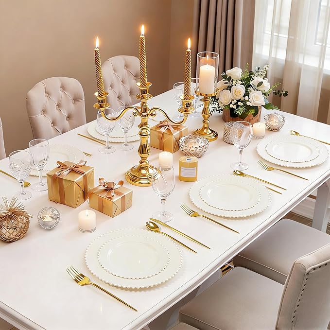 60PCS Ivory Plastic Plates - Beaded Ivory Disposable Plates - Premium Cream Plastic Plate Include 30 Dinner & 30 Dessert Disposable Plate for Birthday, Baby Shower Spring, Wedding & Party