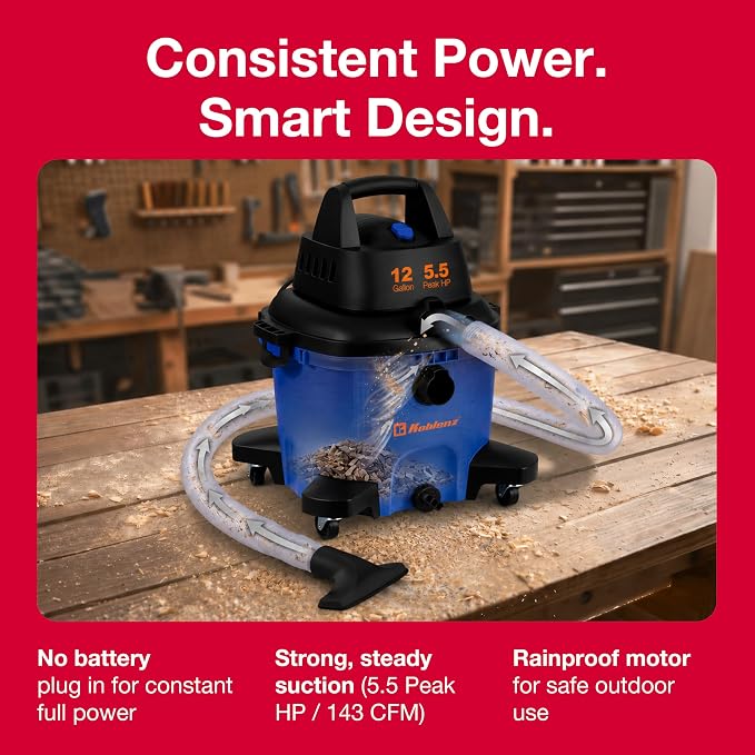 Koblenz WD-12 L4 Wet Dry Vacuum Cleaner, 12 Gallon 5.5 PHP, 3-in-1 Suction & Blower, 32 ft Reach, Drain Plug, Large Vacuum Cleaner for Car, Shop Vacuum Wet and Dry, Click-N-Lock Hose, Blue/Black