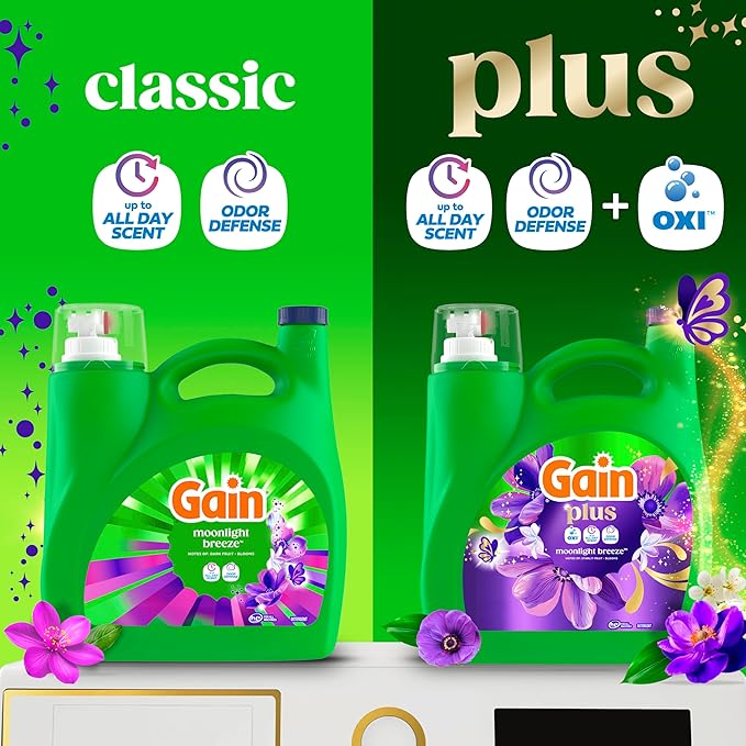 Gain Plus Liquid Laundry Detergent, Cleaner, Fresher, Now with Oxi, Moonlight Breeze Scent, 170 fl oz, 129 Loads