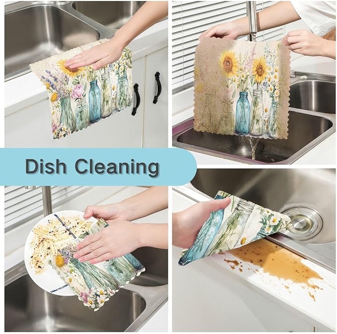 ALAZA Kitchen Towels Spring Floral Jars Dish Towels Multipurpose Reusable Dish Cloths Soft Cleaning Cloth Kitchen Accessories Set of 6,11"x11"