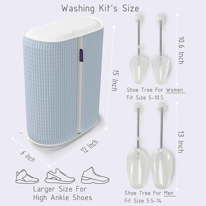 Shoe Washing Machine Bag - Dual Shoe Bag for Washing with Adjustable Shoe Trees, Laundry Shoe Bag for 2 Shoes, Fluffy Fiber, Wrap-around Cleaning, Olive-shaped Design, Durable Zipper, Blue