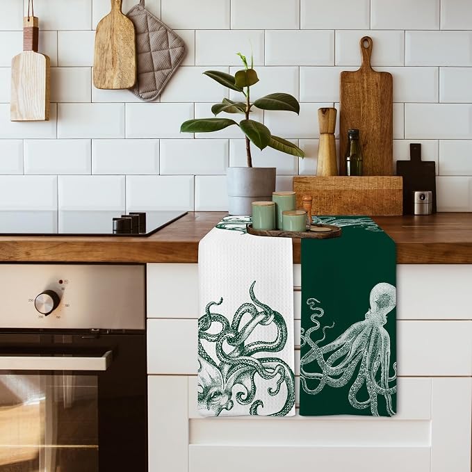 Coastal Octopus Decor Dish Hand Tea Towels for Bathroom Kitchen, Octopus Gothic Witchy Bathroom Decor, Oddities and Curiosities, Dark Green Kitchen Towels and Dishcloths Sets of 2, 16x24 Inch