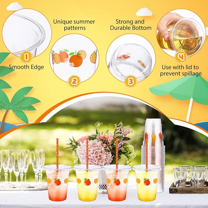 Blushtier 100 Set 12 oz Orange Disposable Plastic Cups with Lids and Straws Transparent Orange Watermelon Party Cups for Juice Water Coffee Tea Birthday Summer Fruit Party Supplies