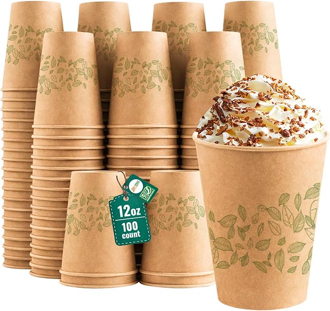 12 oz 100 Count Compostable Paper Cups, Plant-Based Disposable Coffee Cups with PLA Lining, Perfect for Hot & Cold Drinks, Coffee, Party, Office & Daily Use