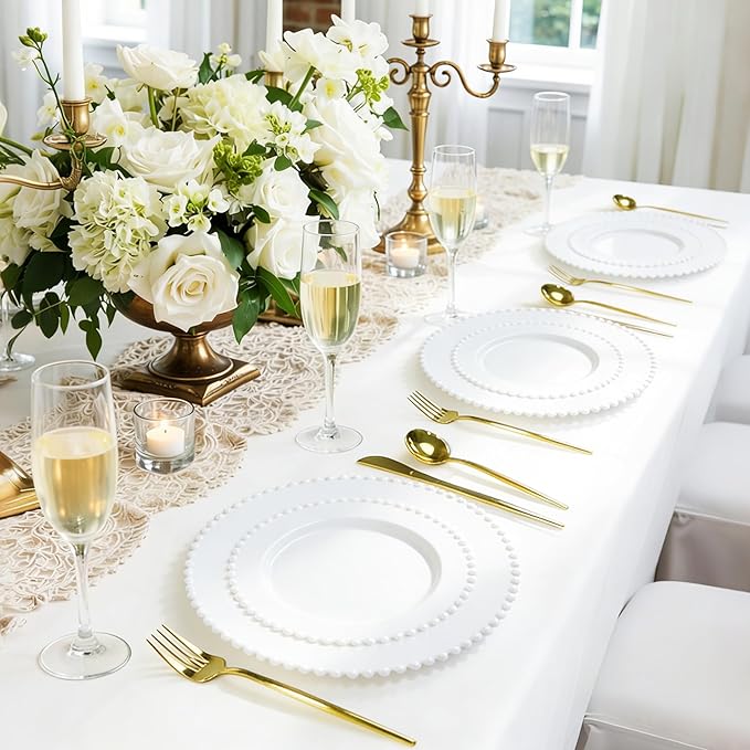 60PCS White Plastic Plates - Fancy Disposable Beaded Plates Include 30 Dinner Plate 10’’ & 30 Dessert Disposable Plate 7.5’’ for Birthday, Baby Shower Spring, Wedding & Party