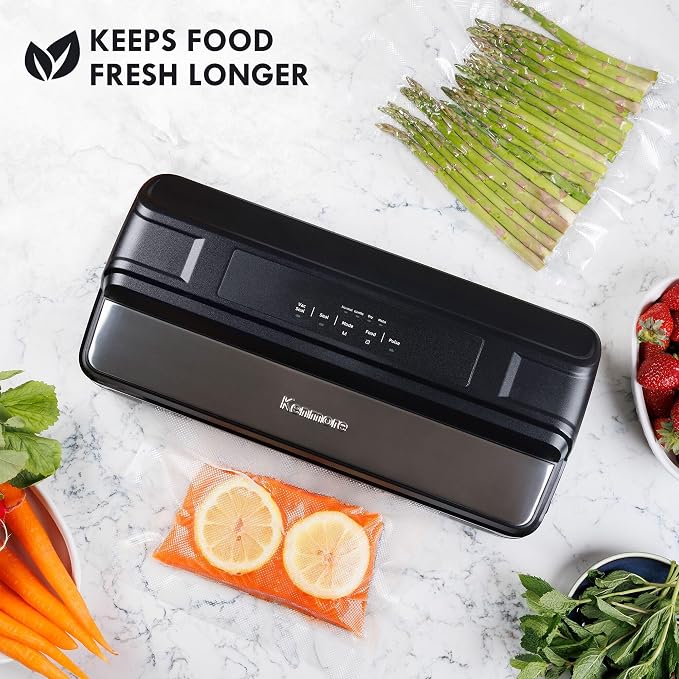 Kenmore Vacuum Sealer Machine - Food Saver Vacuum Sealer with Bags, Dry & Moist Modes, 7 Preset Settings, Includes Bag Roll, Bottle Stopper, Stainless Steel Envasadora al Vacío for Meat,BPA Free