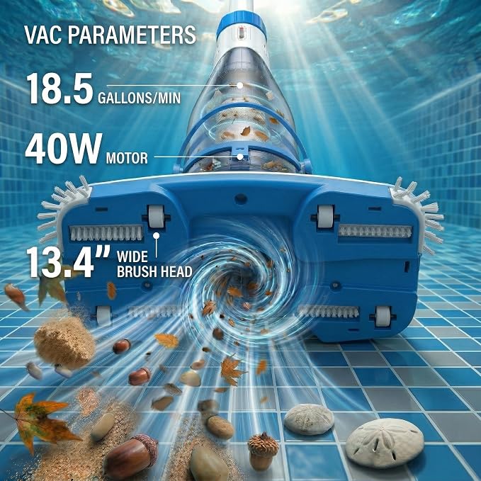 Pool Vacuum for Above Ground Pools & Inground Pools, Consciot Rechargeable Handheld Cleaner with Telescopic Pole, 18.5 GPM Suction, 13.4" Head, 60-Min Runtime, for Spa & Hot Tub
