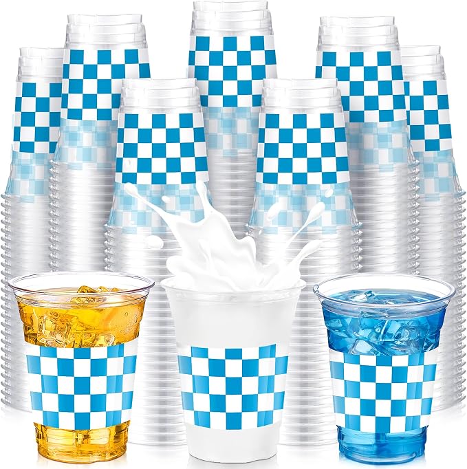 SiliFine 50 Pcs 12 oz Blue Checkered Plastic Cups Clear Disposable Gingham Plaid Party Cups for Race Car Theme Baby Shower Farmhouse Celebrations Birthday Party Decorations