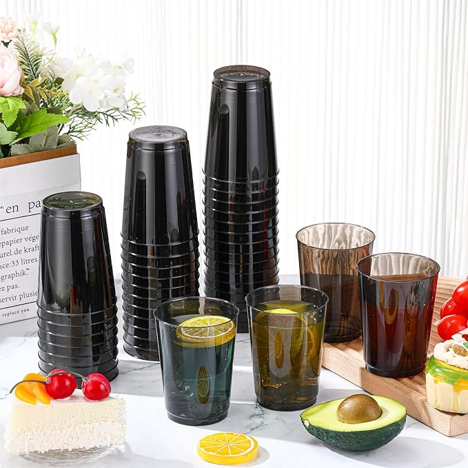 Teenyyou 150 Pcs Black Plastic Party Cups 10 oz Disposable Wedding Cups Heavy Duty Plastic Cups Fancy Cocktail Cups Drinking Tumblers for Family Gatherings Parties Afternoon Tea Wedding