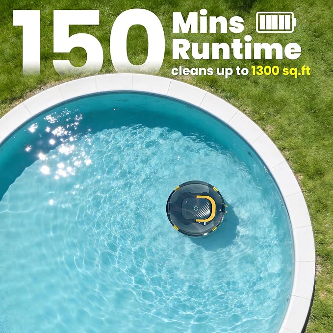 Y20 Robotic Pool Cleaner, Cordless Pool Vacuum for Above Ground & Inground Flat Pools with Dual Motors, 150 Min Runtime, Auto-Parking, Powerful Pool Vacuum Robot for Up to 1300 Sq.Ft