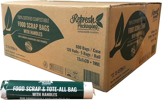 Compost Bags - 100% Certified Kitchen Garbage Bag for Shopping & Grocery - Green Bin Bags with Handles - Kitchen Bags - Plastic Free Food Waste Bag - 600 Bags Per Case