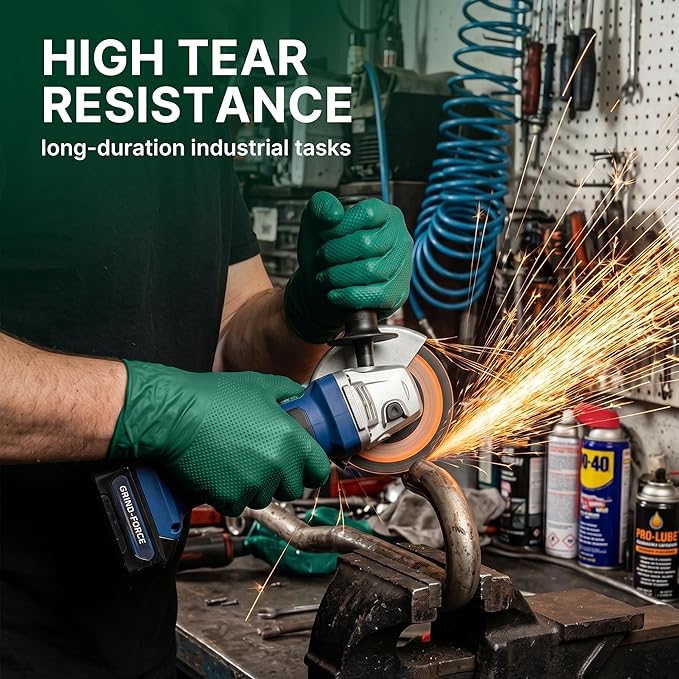 TitanFlex Heavy Duty Industrial Nitrile Gloves with Raised Diamond Texture, 6-mil, Latex Free (Dark Green)