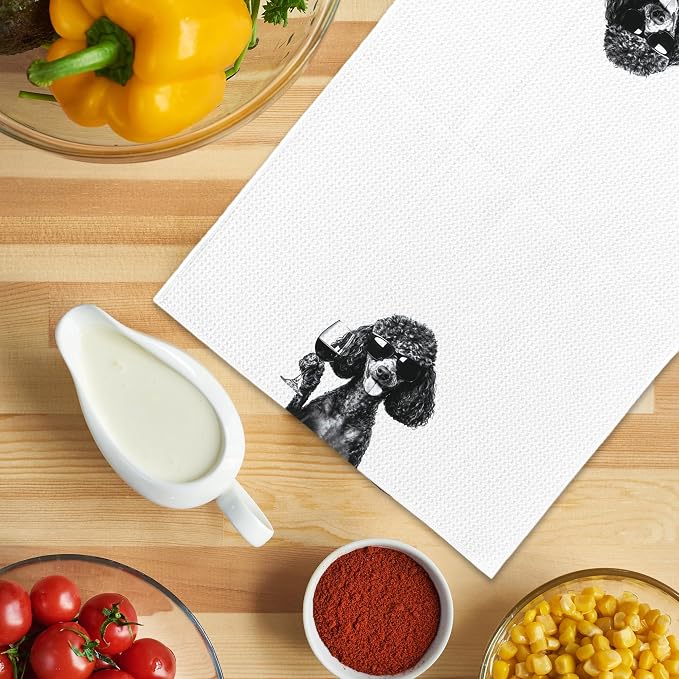 Funny Poodle Wine Kitchen Towels, Gifts for Dog Wine Lovers, Bar Accessories Dish Tea Towels for Kitchen, Dog Owners Housewarming Gift Decorative Hand Towel 16x24 Inch