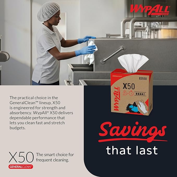 WypAll GeneralClean X50 Cloths Cleaning Wipes (83550), Pop-Up Box, Strong Towels for Extended Use, White (10 Packs of 168 Sheets, 1,680 Sheet Total)