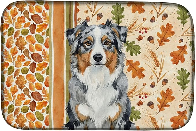 Caroline's Treasures Blue Merle Australian Shepherd Heirloom Fall Dish Drying Mat Absorbent Dish Drying Mat Pad for Kitchen Counter Dish Drainer Mat for Countertop, 14 x 21", Multicolor