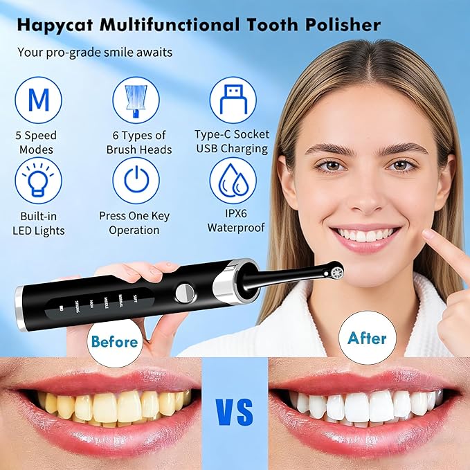 Coobest Tooth Polisher Kit with 5 Speed Modes and 5 Heads, Tooth Whitening for Cleaning with LED Light, IPX7 Waterproof Tooth Polish Complete Teeth Cleaning Tools Home Dental Care Set Black