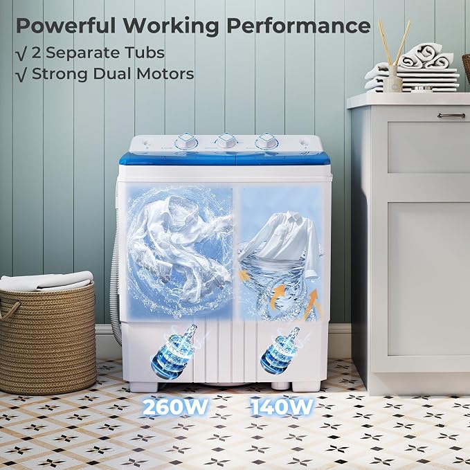 Giantex Portable Washing Machine, 20 LBS Washer & Spinner Combo with Built-in Drain Pump & Time Control, Compact Twin Tub 12 LBS Washing & 8 LBS Spin Drying for Apartment Dorm RV (Blue+White)