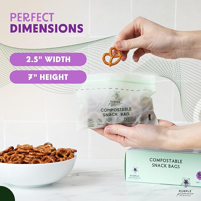 100% Compostable Resealable Food Storage Bags – Biobased, Leak-Proof, Freezer-Safe – Extra Strong & Durable – Available in Gallon, Snack & Sandwich Sizes (Snack) | Biobased, Leak-Proof, Durable, Freezer-Safe, Extra Strong