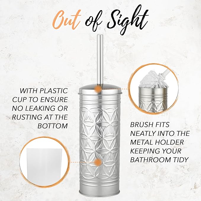 Autumn Alley Brushed Nickel Bathroom Trash Can and Toilet Brush Set – 2-Piece Silver Metal Bathroom Accessories Set, Modern Farmhouse & Transitional Bathroom Decor