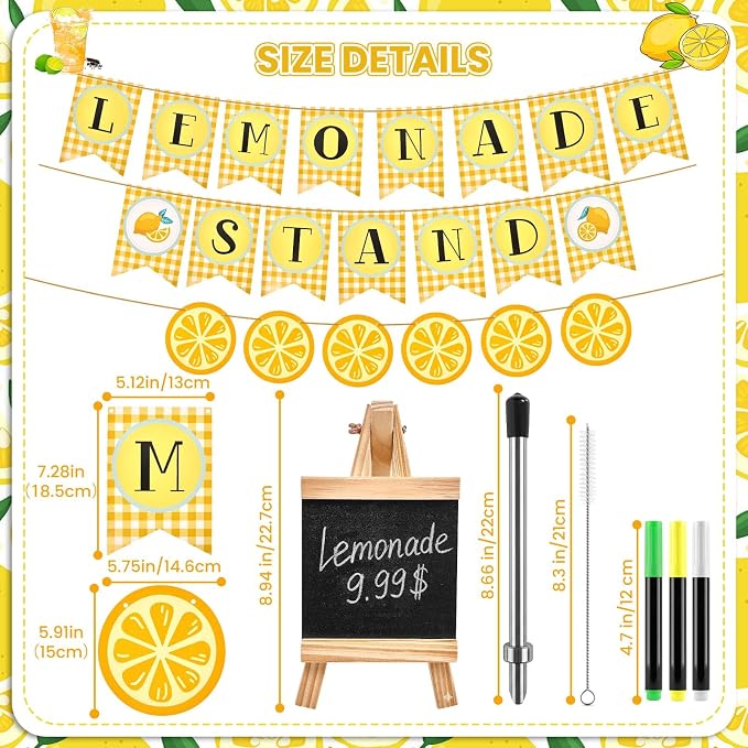 208 Pcs Lemonade Stand Supplies, 50 Lemonade Cups with Lids and Straws, 2 Lemonade Banners, Wooden Blackboard, 50 Lemon Stickers, 3 Pens, Straw Puncher for Summer Lemon Birthday Party Decor