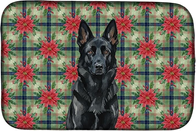 Caroline's Treasures Black German Shepherd Christmas PoinsettIas Dish Drying Mat Absorbent Dish Drying Mat Pad for Kitchen Counter Dish Drainer Mat for Countertop, 14 x 21", Multicolor