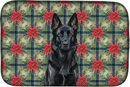 Caroline's Treasures Black German Shepherd Christmas PoinsettIas Dish Drying Mat Absorbent Dish Drying Mat Pad for Kitchen Counter Dish Drainer Mat for Countertop, 14 x 21", Multicolor