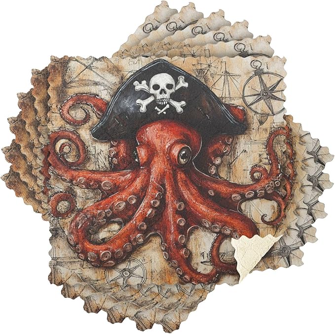 Octopus Pirate and Compass Kitchen Towels Dish Cloths Set of 6 Microfiber Cleaning Cloths for Cars Super Absorbent Machine