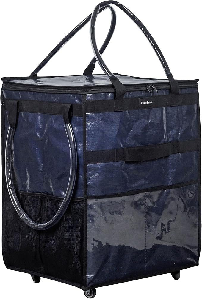 Reusable Grocery Bag On Wheels Large Capacity Shopping Trolley Foldable Rolling Tote with Outside Pocket, Heavy Duty Handle (Blue, Large)