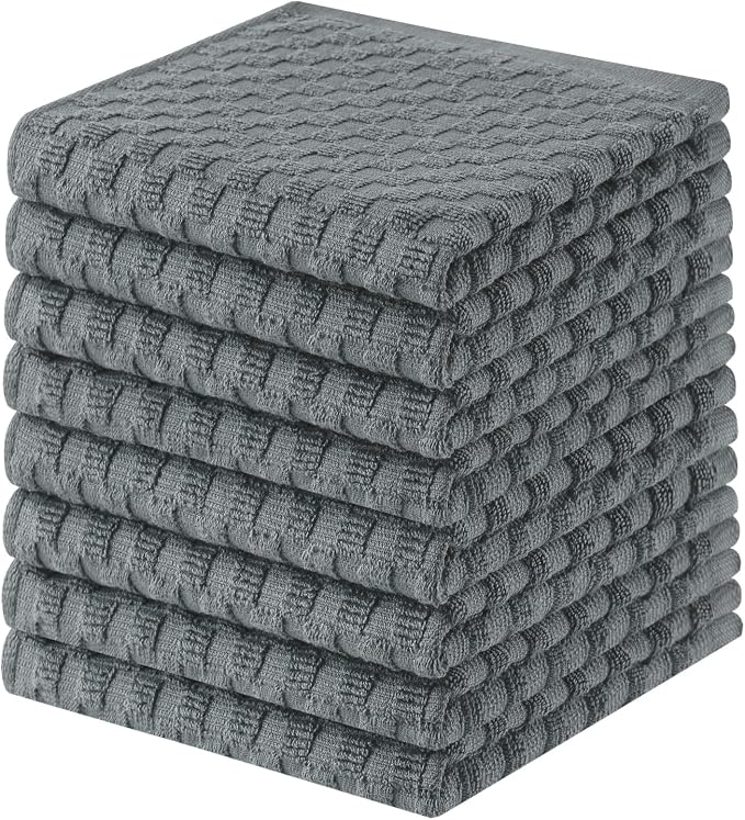 Homaxy 100% Cotton Terry Kitchen Dish Cloths, Ultra Soft Absorbent Dish Towels with Hanging Loop, Pineapple Grid Designed, 12 x 12 Inches, 8-Pack, Dark Grey
