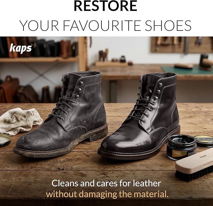 Kaps Complete Shoe Clean and Care Kit, 9 Piece Shoe Care Set for Leather Boots and Shoes, Footwear Cleaning Kit with Wooden Gift Box