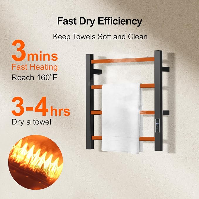 HARNDY Electric Towel Rack with Voice Control for Alexa & Google Home,TUYA - Wall-Mounted Bathroom Heating Towel Warmer,Plug-in,Stainless Steel Material (Square Black with Timer, 4 Bar)