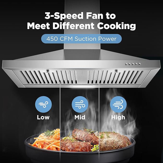 Range Hood 30 inch, Wall Mount Vent Hood in Stainless Steel, Ducted/Ductless Convertible Duct, Kitchen Hood w/Baffle Filters, 3 Speed Fan, Energy Saving LED Light, Push Button Control