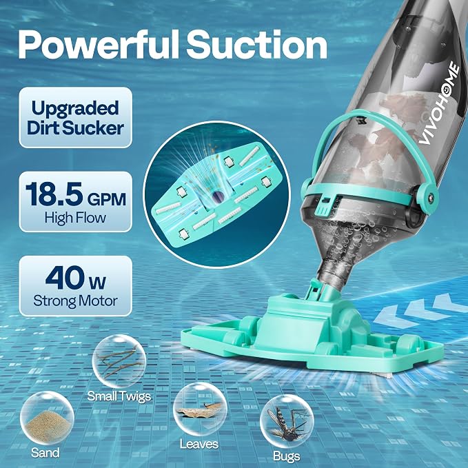 VIVOHOME Cordless Hot Tub Vacuum with Telescopic & Extension Poles 9.12ft, 18.5 GPM Suction, 60-Min Run Time, Handheld Cleaner Rechargeable with Battery Indicator for Pools/Spas- Green